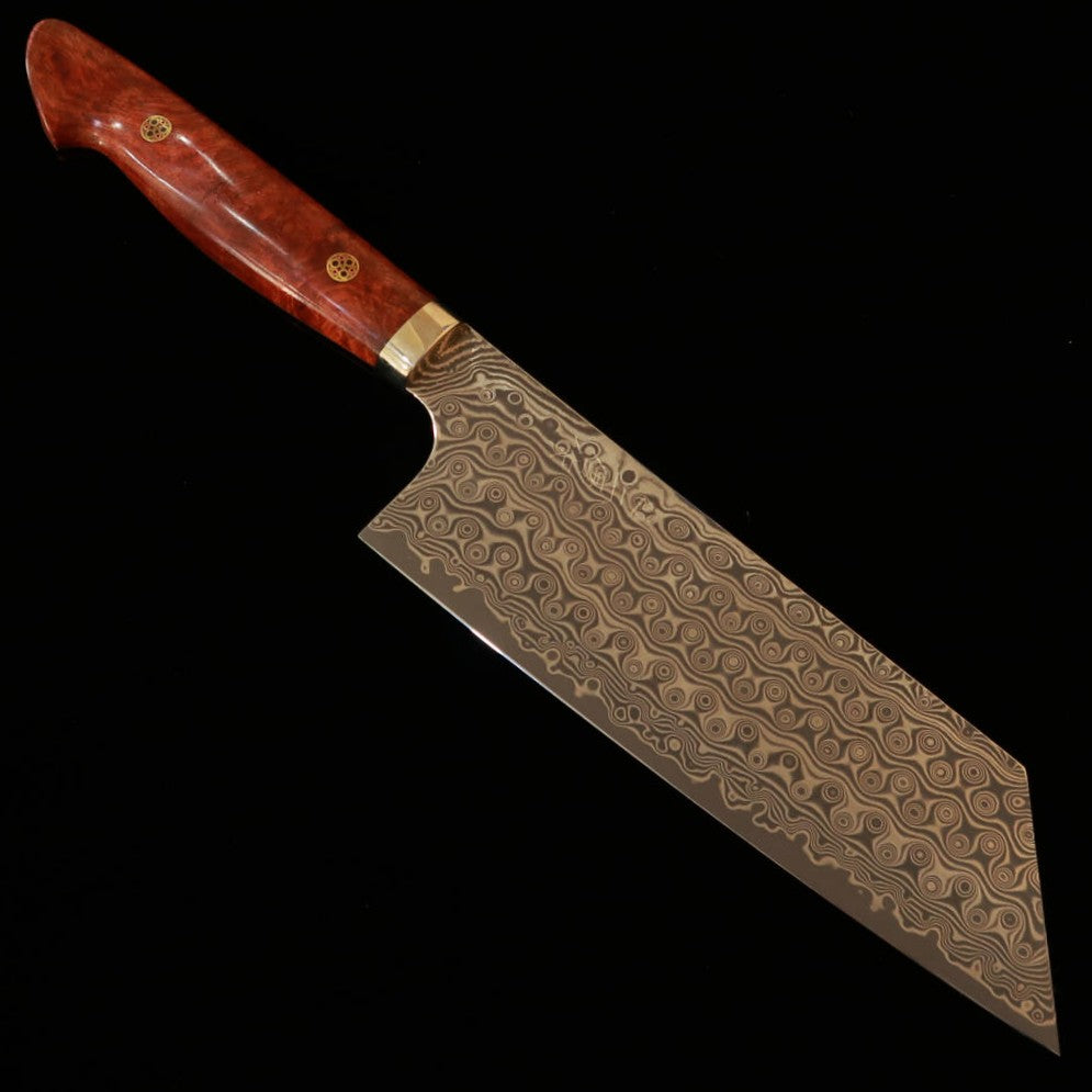 Nakiri kiritsuke NIGARA SG2, patrón oscuro, damasco, mango de madera de burl de karín (180 mm)