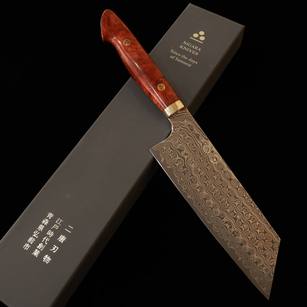 Nakiri kiritsuke NIGARA SG2, patrón oscuro, damasco, mango de madera de burl de karín (180 mm)