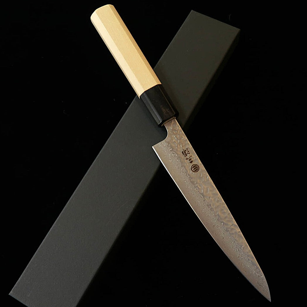 三浦 MIURA ペティ AUS10 マットダマスカス 槌目 朴水牛八角柄 （150mm）