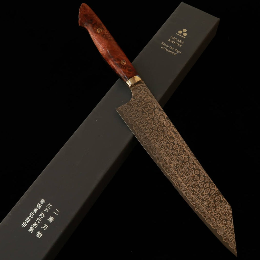 Nigara Hamono Nigara SG2 Motif sombre Kiritsuke-gyuto Manche en bois de ronce (240 mm)