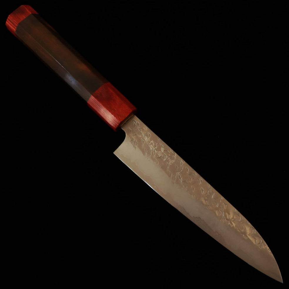STYLE-K Kurosaki Makoto’s Kaen, Coreless Damascus Hammered Petty with Ebony Octagonal Handle (135mm)