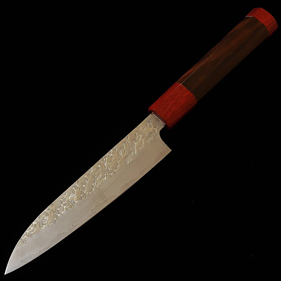 STYLE-K Makoto Kurosaki Petty Knife, Flame Kaen, Coreless Damascus with Hammered Ebony Octagonal Handle (135mm)