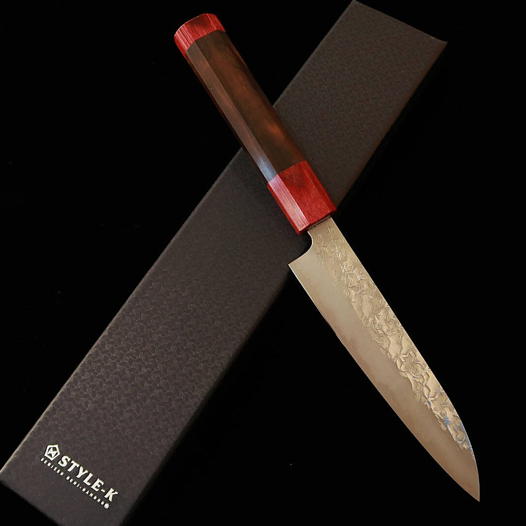 STYLE-K Kurosaki Makoto’s Kaen, Coreless Damascus Hammered Petty with Ebony Octagonal Handle (135mm)
