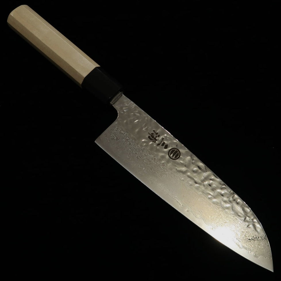 MIURA Santoku AUS10 (10A), finition miroir, martelé, damas, manche octogonal en magnolia (165 mm)
