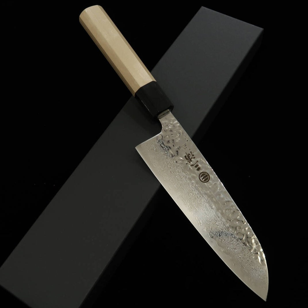 MIURA Santoku AUS10 (10A), finition miroir, martelé, damas, manche octogonal en magnolia (165 mm)
