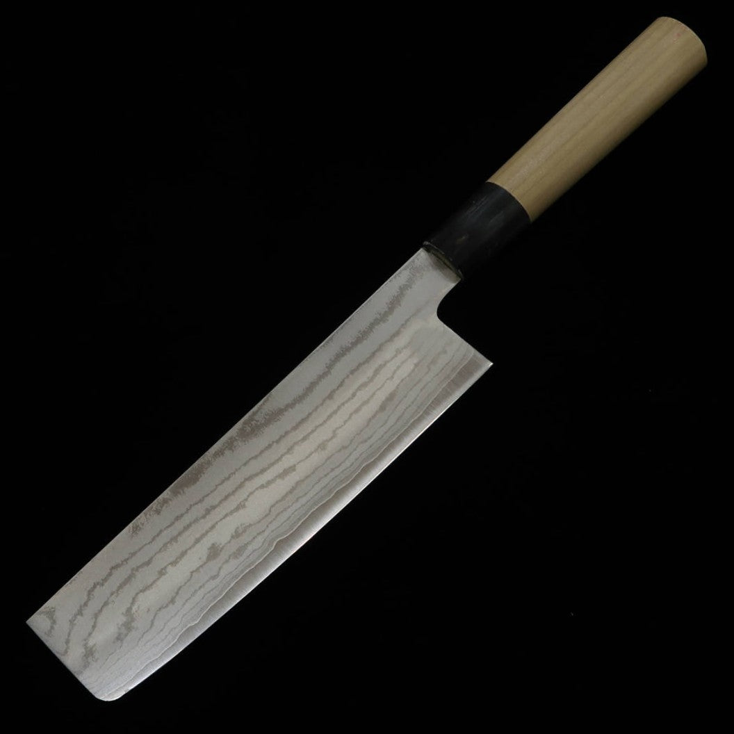 Tanaka Kazuyuki Hamono Seisakusho SHIGEKI TANAKA nakiri VG10 damasco, mango de magnolia con virola de cuerno de búfalo en forma de castaña (170 mm)