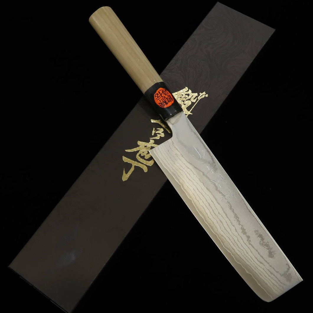Tanaka Kazuyuki Hamono Seisakusho SHIGEKI TANAKA nakiri VG10 damasco, mango de magnolia con virola de cuerno de búfalo en forma de castaña (170 mm)