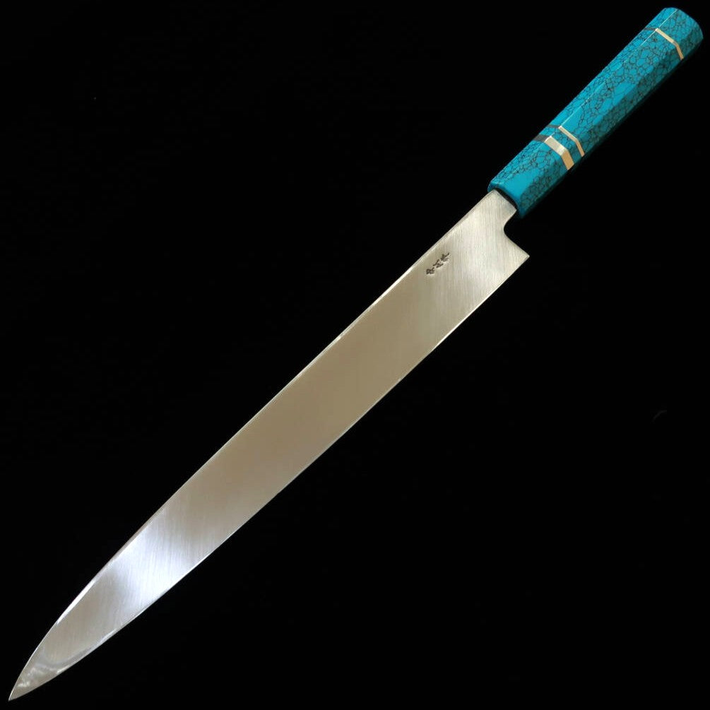 三浦佩MIURA Obidama 柳刃 VG10 鏡面仕上げ カスタムハンドルターコイズ（300mm）