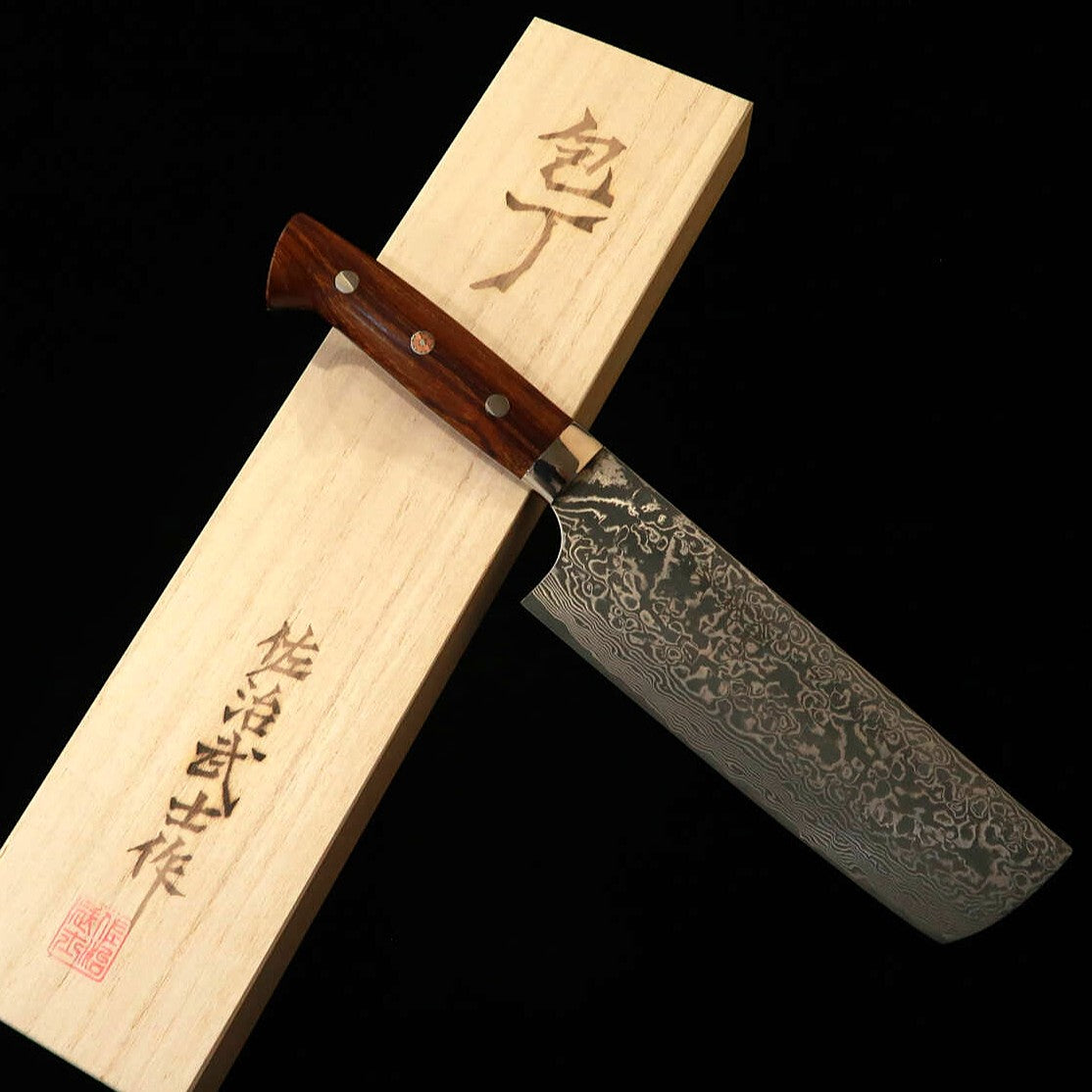 SAJI TAKESHI Nakiri R2 Damasco escurecido cabo de ironwood (180mm)