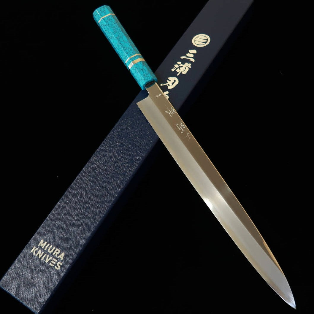MIURA HAKU – Obidama yanagiba VG10, finition miroir, manche custom turquoise (300 mm)