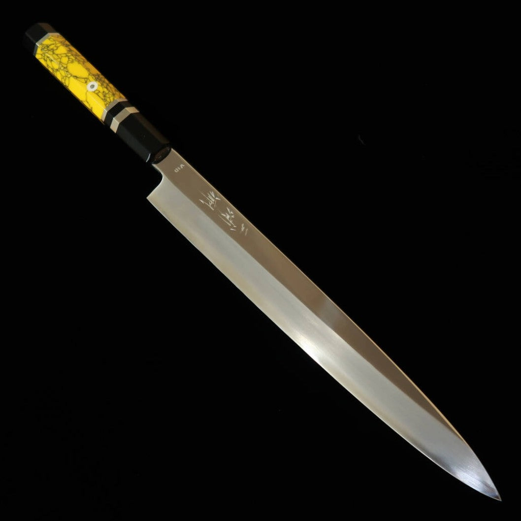 MIURA Obidama – Yanagiba VG10, finition miroir, manche custom jaune (270 mm)