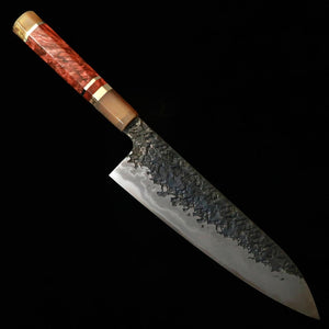 KISUKE [ENN] Manaka Hamono Gyuto, Aogami No.1, Kurouchi Tsuchime Damascus Honkasumi Polish, Red-Brown Stabilized Handle (240mm)