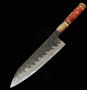 KISUKE [ENN] Manaka Hamono Gyuto, Aogami No.1, Kurouchi Tsuchime Damascus Honkasumi Polish, Red-Brown Stabilized Handle (240mm)