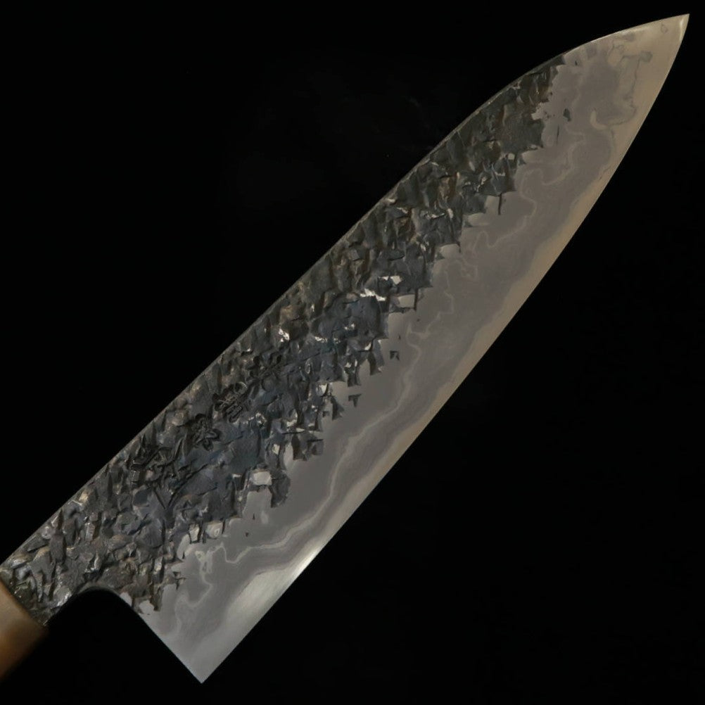 KISUKE [ENN] Manaka Hamono Gyuto, Aogami No.1, Kurouchi Tsuchime Damascus Honkasumi Polish, Red-Brown Stabilized Handle (240mm)