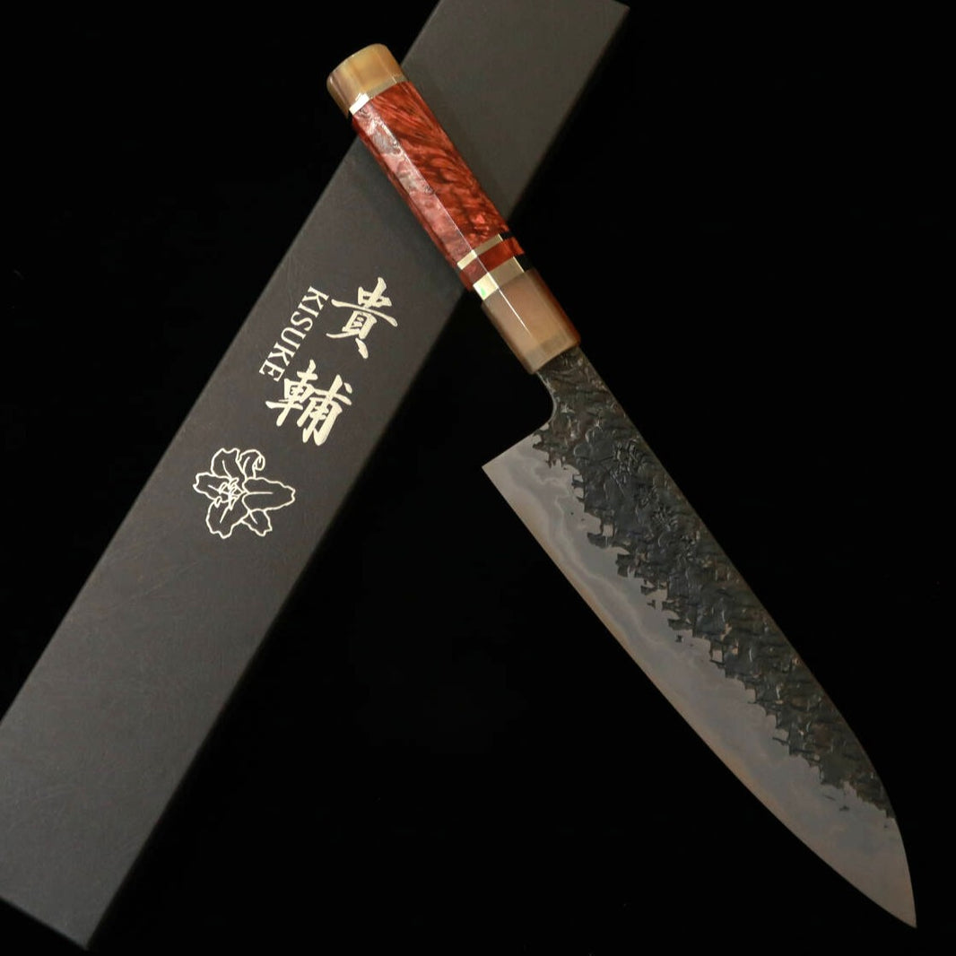 KISUKE Kisuke 【ENN】 Mandaka Hamono Tanrenjo Gyuto, Aogami #1, acabado negro forjado, martillado damasco, hon-kasumi, mango estabilizado rojo marrón (240 mm)