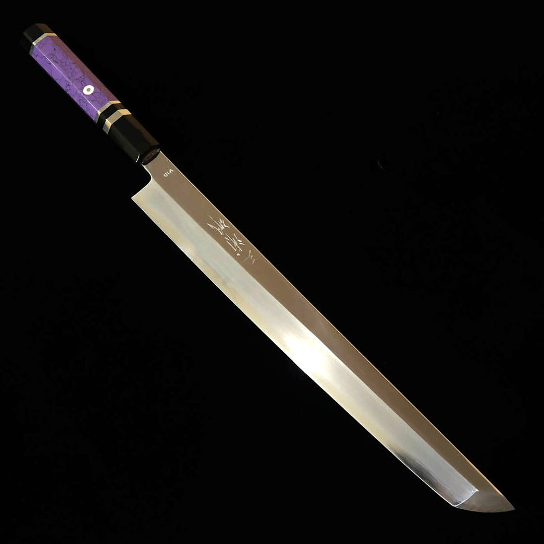 MIURA Hai Miura Obidama, yanagiba à bout rond, VG10, finition miroir, manche custom violet (300 mm)