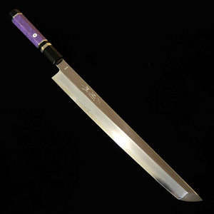 MIURA Hai Miura Obidama, yanagiba à bout rond, VG10, finition miroir, manche custom violet (300 mm)