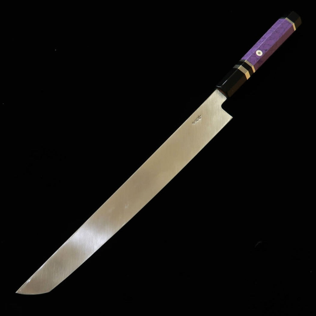 MIURA Hai Miura Obidama, yanagiba à bout rond, VG10, finition miroir, manche custom violet (300 mm)