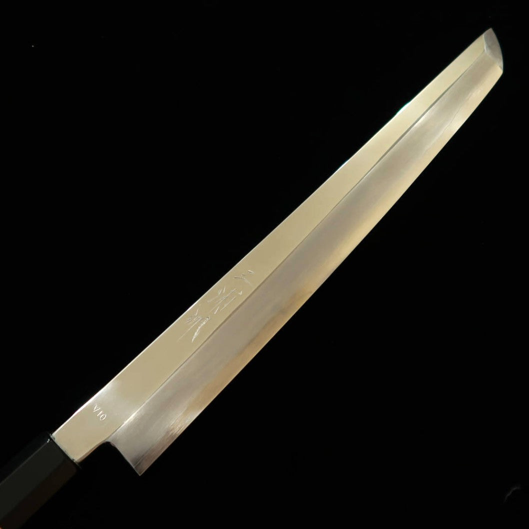 MIURA Hai Miura Obidama, yanagiba à bout rond, VG10, finition miroir, manche custom violet (300 mm)