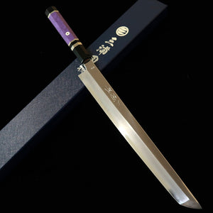 MIURA Hai Miura Obidama, yanagiba à bout rond, VG10, finition miroir, manche custom violet (300 mm)