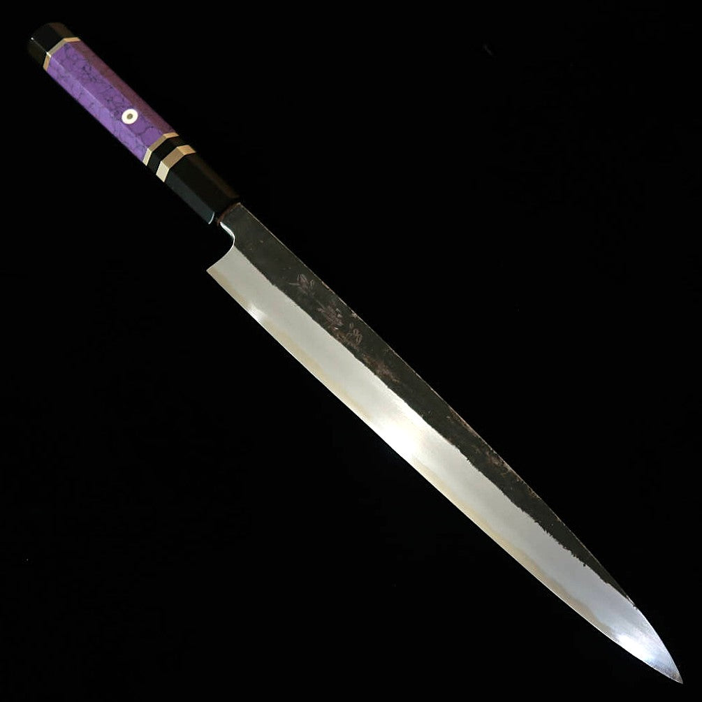 MIURA Itadaki par Tanaka Giichi, Yanagiba, acier Shirogami n°2, finition noire, manche custom violet (270 mm)