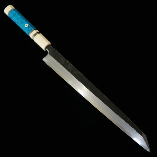 三浦頂MIURA Itadaki 田中義一 切付柳刃 白紙二号 黒打ち ホワイトターコイズハンドル（270mm）