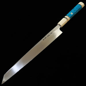 MIURA Itadaki Miura Itadaki – Giichi Tanaka Kiritsuke yanagiba Shirogami n°2, kuro-uchi, manche en turquoise blanc (270 mm)