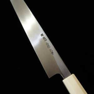 MIURA Itadaki Miura Itadaki – Giichi Tanaka Kiritsuke yanagiba Shirogami n°2, kuro-uchi, manche en turquoise blanc (270 mm)