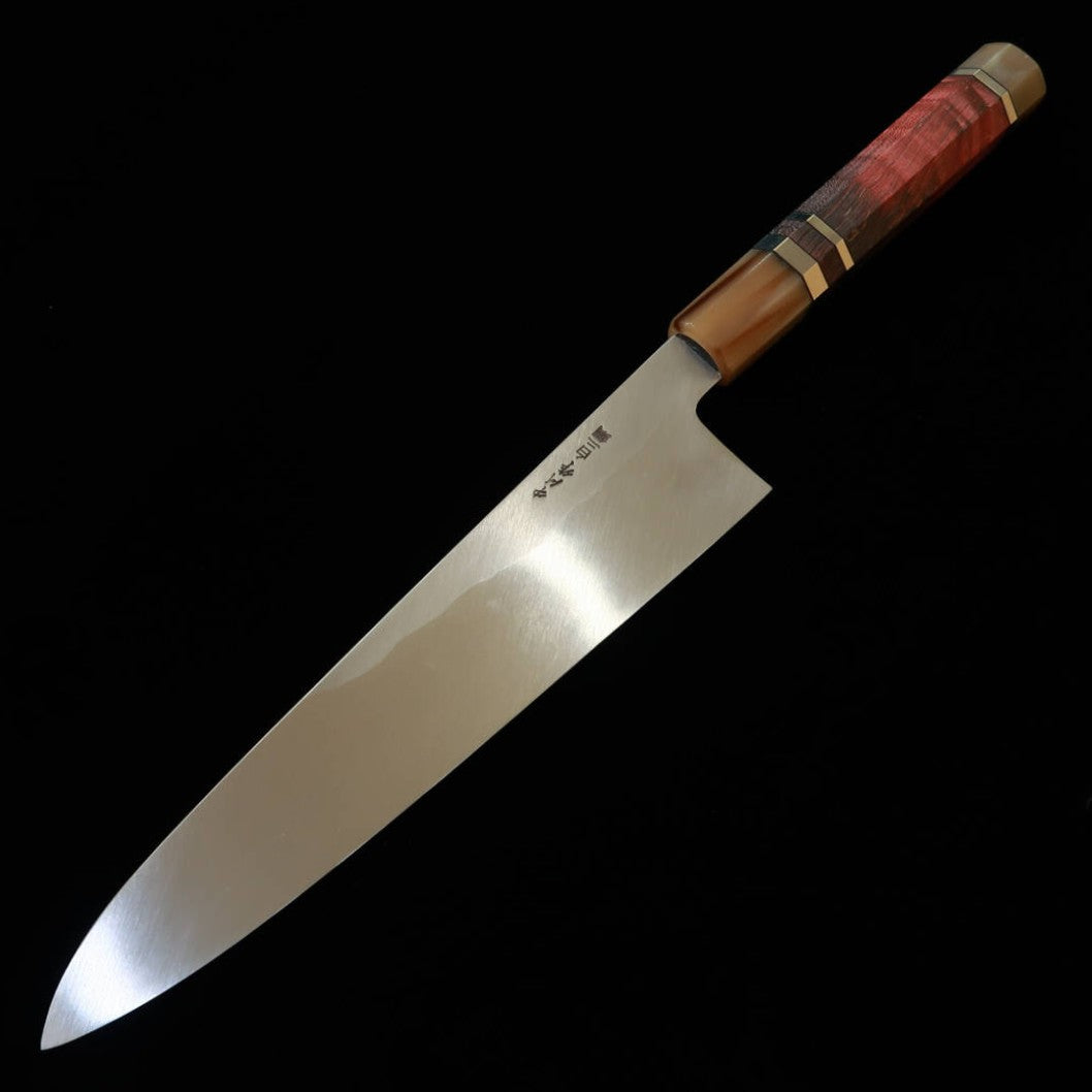 MIURA Obidama Single Bevel Gyuto, Shirogami No. 2 Bokashi Finish with Red Brown Stabilized Wood Handle (240mm)