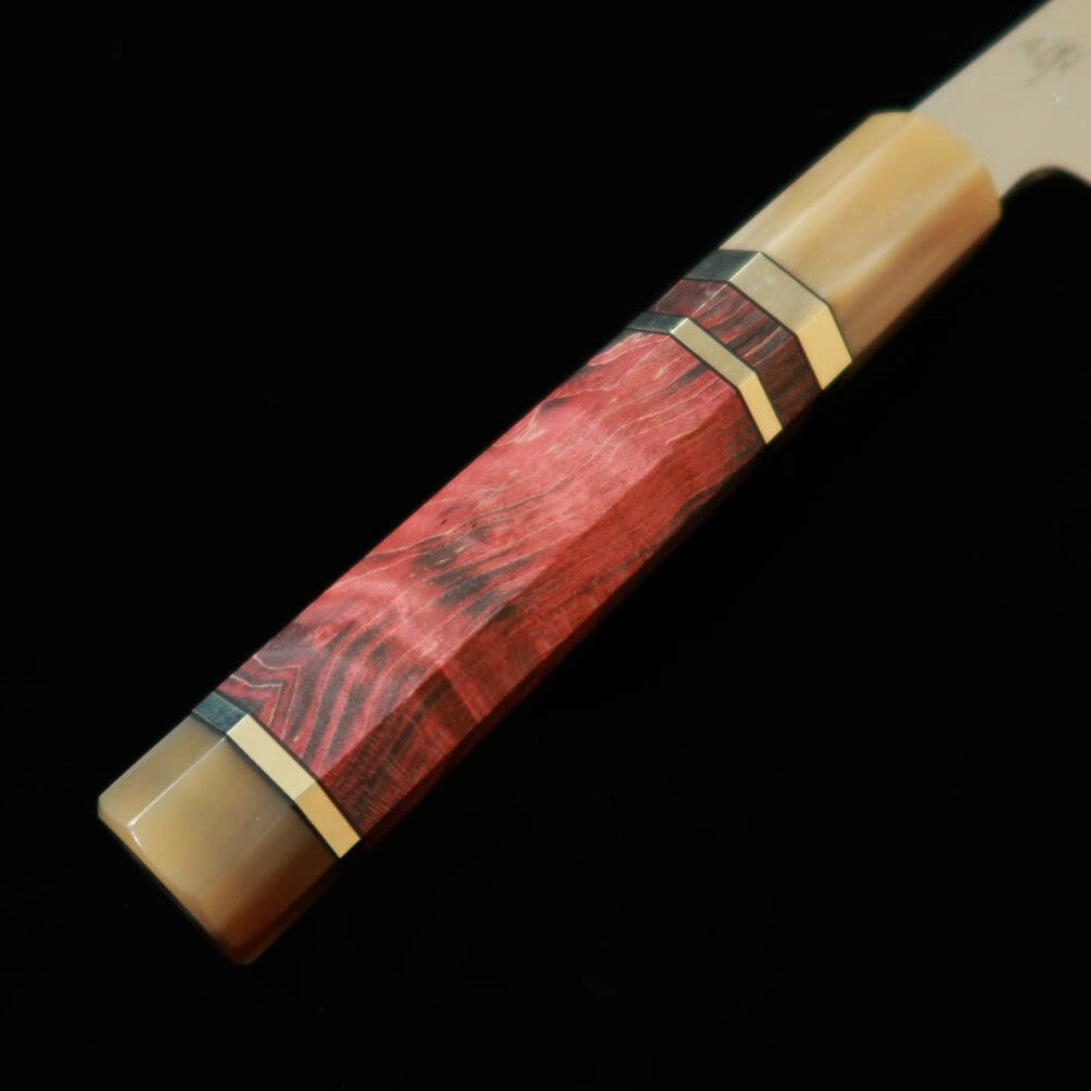 MIURA Obidama Single Bevel Gyuto, Shirogami No. 2 Bokashi Finish with Red Brown Stabilized Wood Handle (240mm)