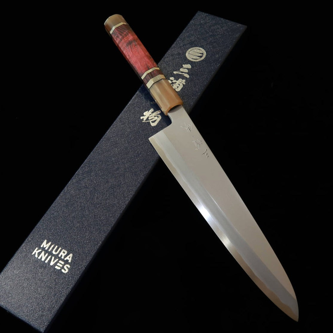 MIURA Obidama Single Bevel Gyuto, Shirogami No. 2 Bokashi Finish with Red Brown Stabilized Wood Handle (240mm)
