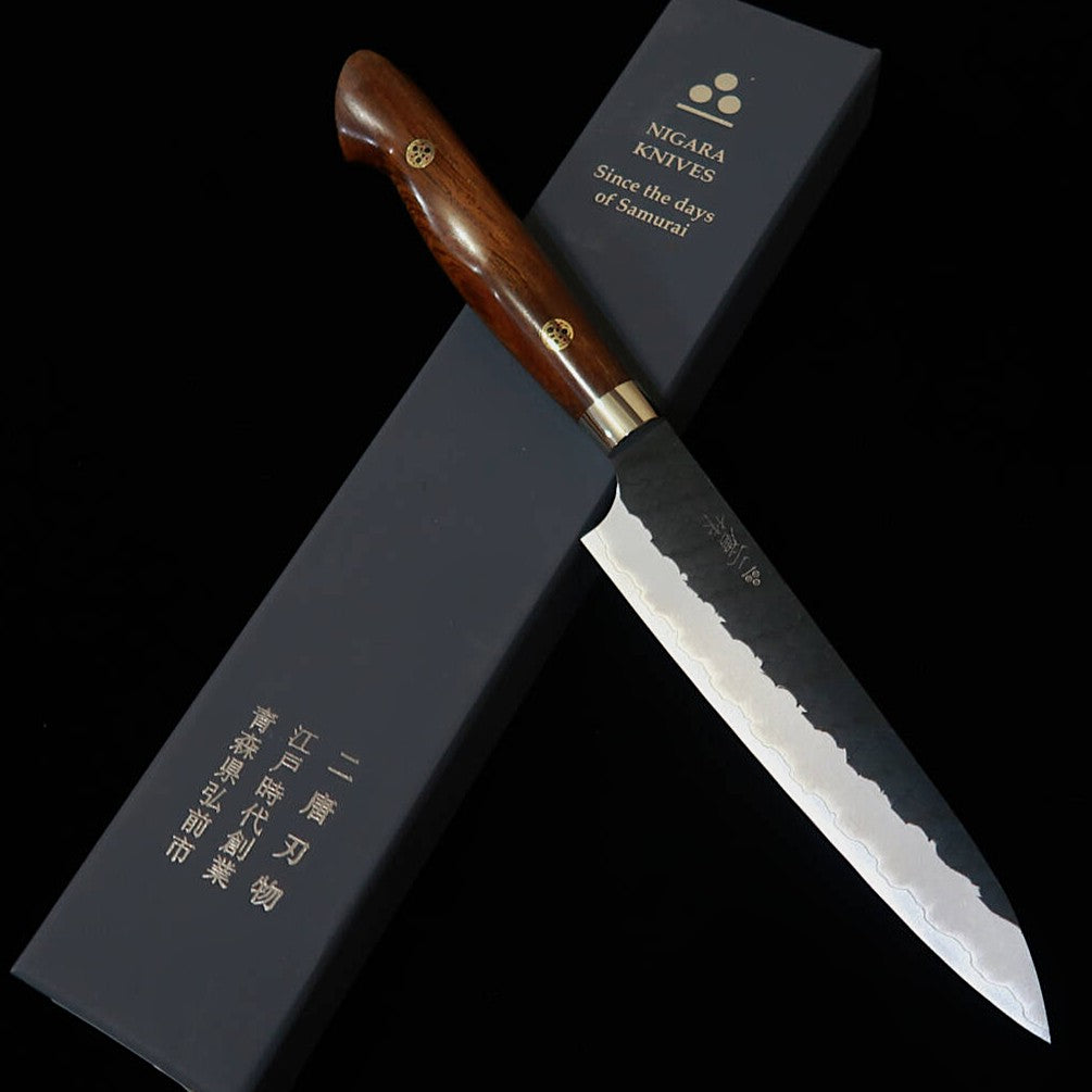 二唐刃物鍛錬所NIGARA  ペティ SG2 黒打 鎚目 アイアンウッドハンドル(150mm)