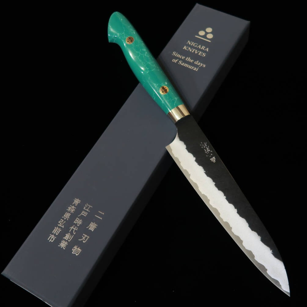 二唐刃物鍛錬所NIGARA  ペティ SG2 黒打 鎚目 ターコイズハンドル(150mm)