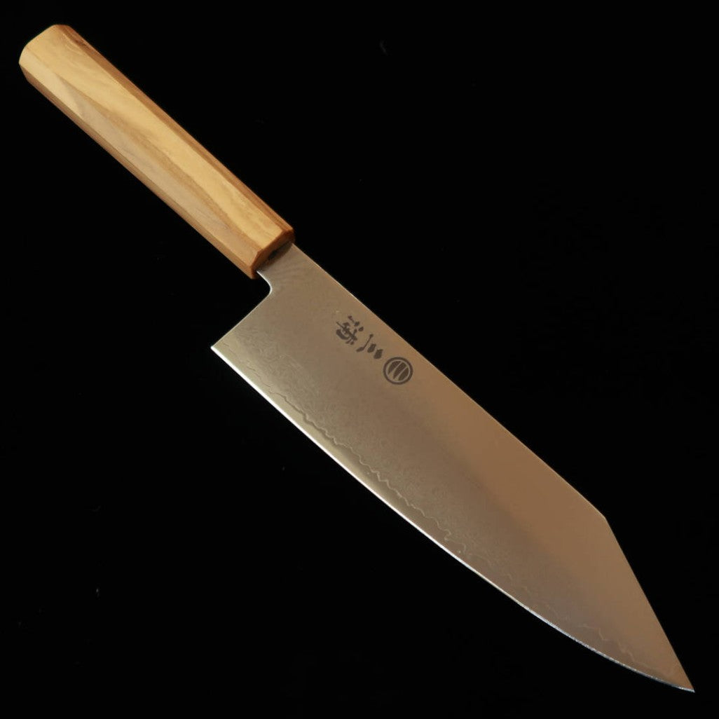 三浦 MIURA 切付三徳 VG10  全面ダマスカス オリーブ一体型柄（180mm）