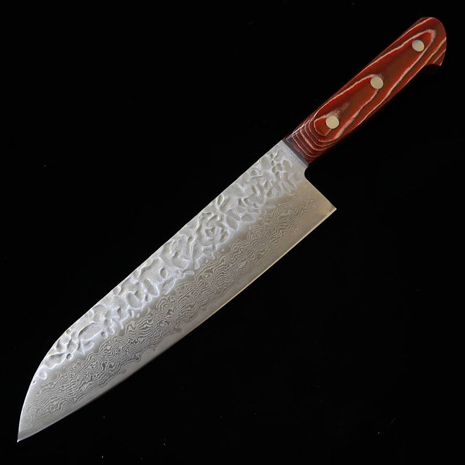 三浦 MIURA 三徳 AUS10 鎚目 ダマスカス 赤合板柄 （180mm）