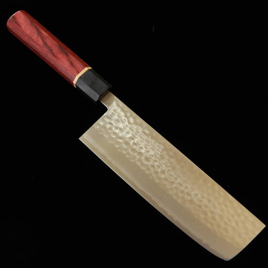 Kunpei Made KUNPEI Nakiri Knife "Kizashi" Hammered Damascus with Akatsuki Octagonal Handle (165mm)