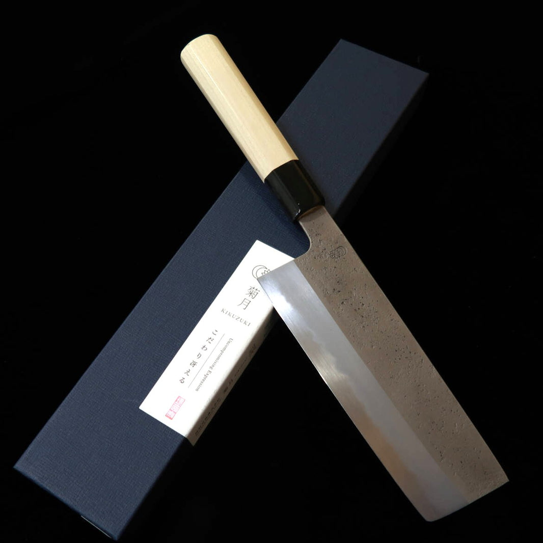 Sakai Kikumori KIKUMORI Kikuzuki Nashi, nakiri Shirogami #2, mango octogonal de magnolia (180 mm)