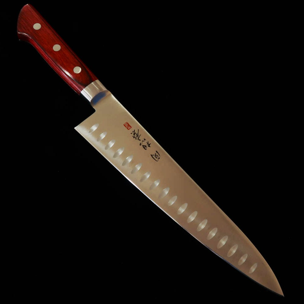 Gyuto SEKI SOUMA molibdeno con mango de madera contrachapada roja con hoyuelos (210/240 mm)
