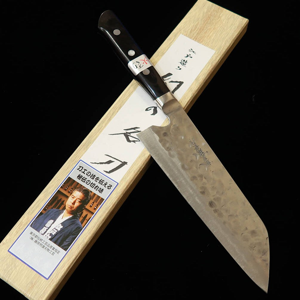 TERUYASU FUJIWARA – Santoku « L’épée légendaire illusoire » Shirogami n°1, martelé (165/180 mm)