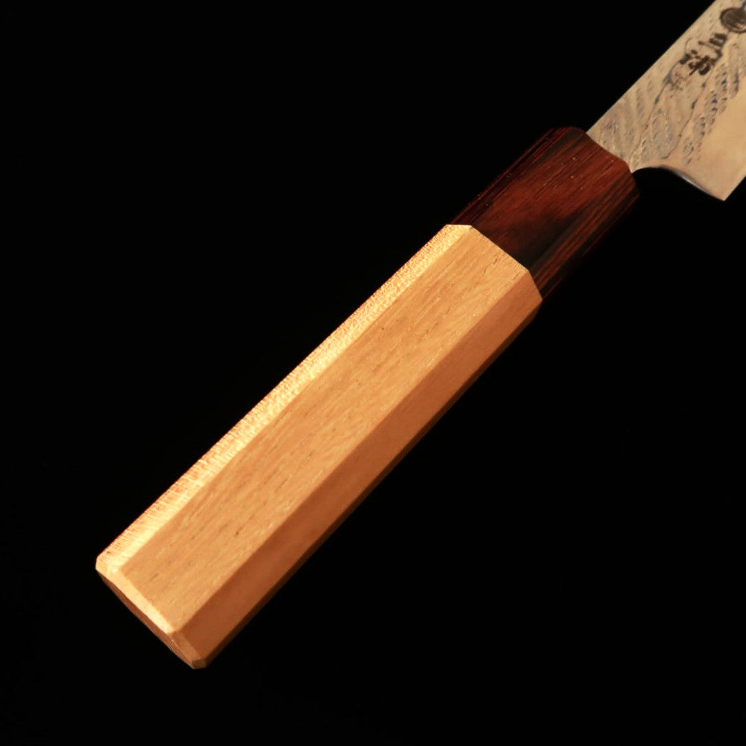 Petty MIURA Ginsan, acabado nawame, damasco, mango octagonal de madra de keyaki (135mm)