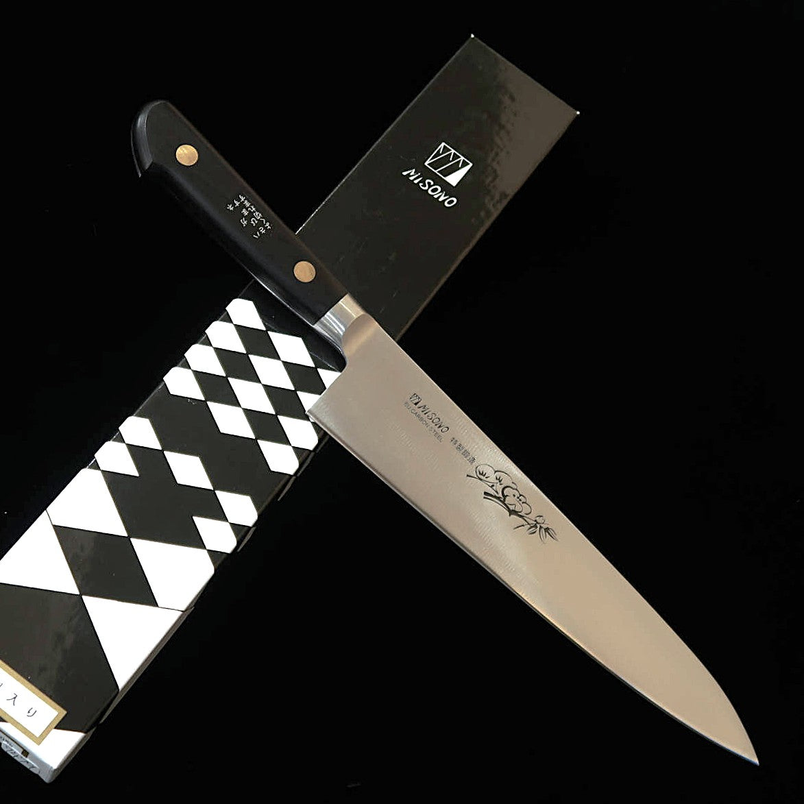 MISONO Gyuto EU Carbon, Black Plywood Handle with Flower Engraving (210mm)
