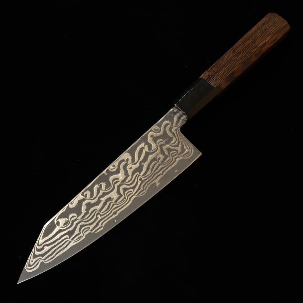 HATSUKOKORO Hatsukokoro “Fūsen” santoku kiritsuke, aço Gin-3, Damasco oxidado em preto, cabo octogonal em wengué (170 mm)