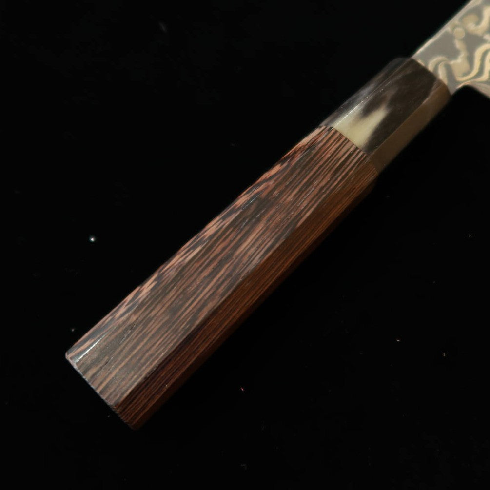 初心HATSUKOKORO 風船 切付三徳 銀紙三号 黒染めダマスカス ウェンジ八角柄（170mm）