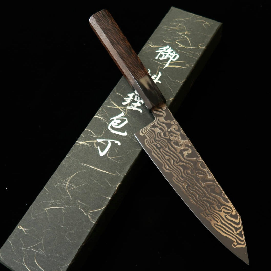 HATSUKOKORO Shoshin « Fūsen » santoku kiritsuke, acier Gin-3, damas noirci, manche octogonal en wengé (170 mm)