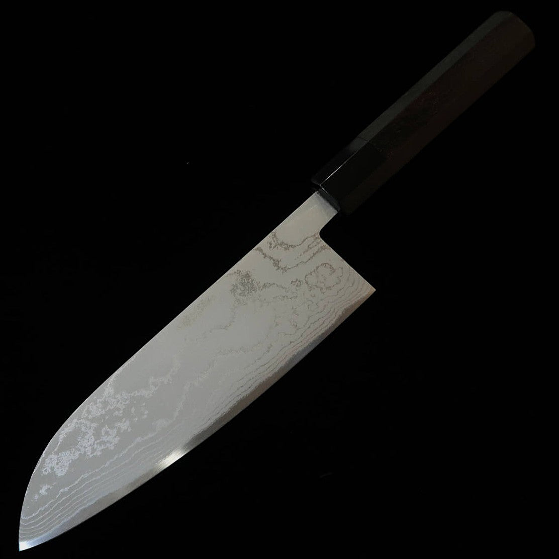 Miura MIURA Santoku aço branco (Shirogami), damasco, cabo octogonal em ébano (165 mm)