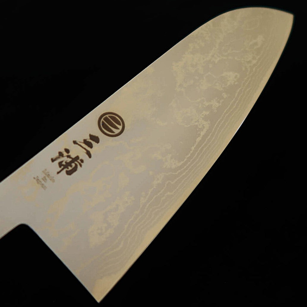 Miura MIURA Santoku aço branco (Shirogami), damasco, cabo octogonal em ébano (165 mm)