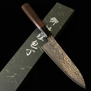 HATSUKOKORO Hatsukokoro Fūsen santoku Gin-3 acabado negro Damasco, mango octogonal de wengué (170 mm)