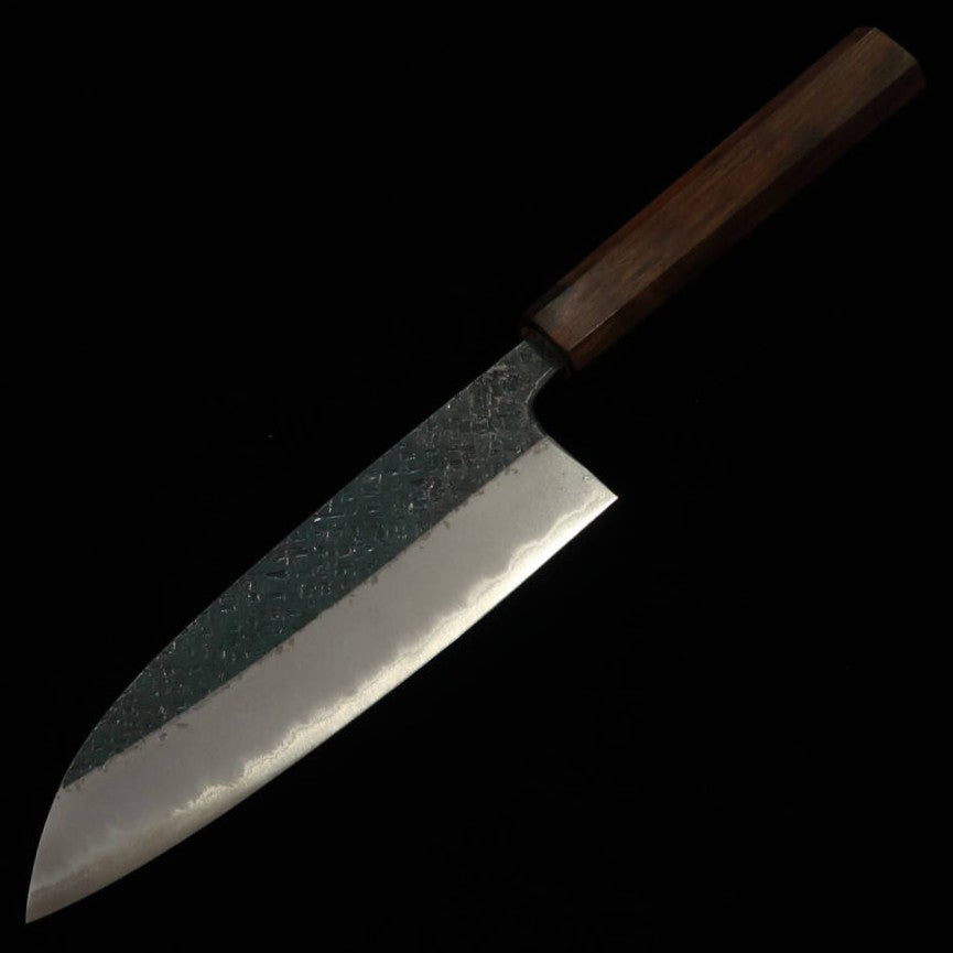 TOSAMUNEISHI Santoku Aogami nº 2 martillado acabado negro mango octogonal de ébano (165 mm)
