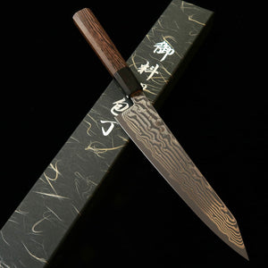 HATSUKOKORO – Fūsen kiritsuke, Gin-3, damas noirci, manche octogonal en wengé (210 mm)