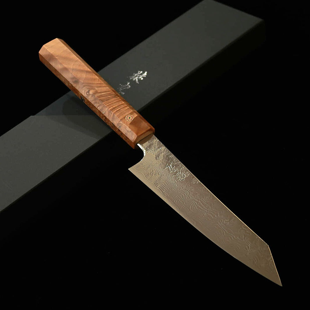 ENKYU Saruku pequeño cuchillo, serie Homura-kumo, SG2 Damasco, mango octogonal de raíz de burl de pau ferro (135 mm)